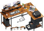 59 inch L Shaped Computer Desk with Power Outlets, Home Office Desk with 4 Adjustable Storage Drawers & 2 Monitor Stands, Two Person Gaming Table for Bedroom, Rustic Brown