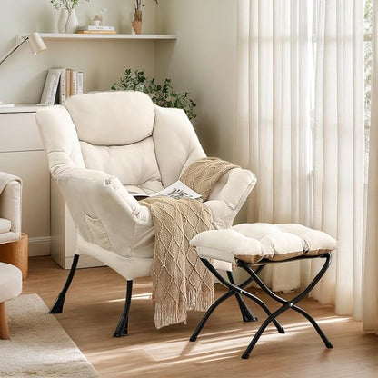 Lazy Chair with Ottoman, Large Modern Lounge Accent Chair with Armrests and Footrest, Reading Armchair with Ottoman, Leisure Sofa Chair for Living Room, Bedroom, Dorm Room, Office（Beige）