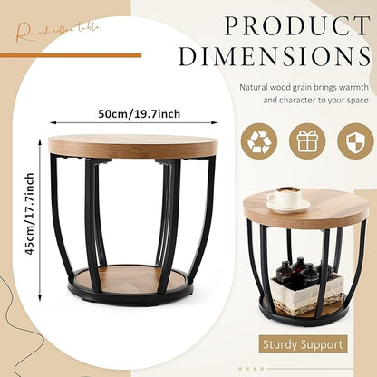 Round Coffee Table, 2-Tier Circle Wood Coffee Table with Storage Shelves, Modern Industrial Wooden Accent Center Sofa Side for Living Room, Home Office(19.7'' Dia X 17.7" H)
