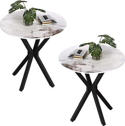 Round Side Table Set of 2, Modern Stylish End Tables with Faux Marble Top and Black Metal Legs,Durable Sofa Side Tables for Living Room Bedroom