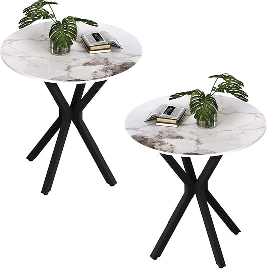 Round Side Table Set of 2, Modern Stylish End Tables with Faux Marble Top and Black Metal Legs,Durable Sofa Side Tables for Living Room Bedroom