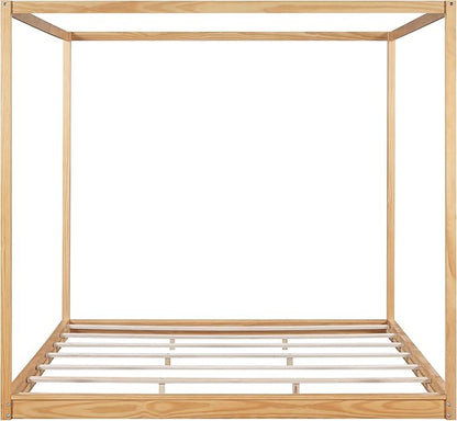King Size Canopy Platform Bed with Support Legs,Solid Wood Bed Frame,4-Post Canopy-Platform-Bed for Kids Teens Adults, No Box Spring Needed,Natural