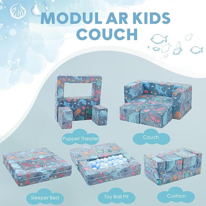 MeMoreCool Modular Kids Couch, Glow Play Toddler Couch for Bedroom Playroom, Convertible Foam Kids Sofa Bed, Fold Out Baby Sofa for Girl Boy