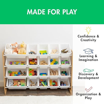 Humble Crew Extra-Large Toy Organizer with 20 Plastic Bins – Natural/White Storage Rack with 4-Tier Shelves, Anti-Tip Safety, for Kids’ Rooms, Playrooms, Nurseries & Classrooms