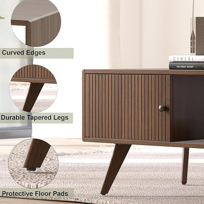 Mid Century Modern Coffee Table with Storage, Walnut Wood Center Table with Cabinet & Open Shelf, Retro Accent Furniture for Living Room & Small Spaces