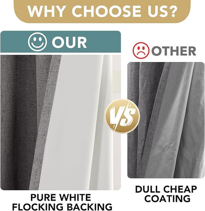 H.VERSAILTEX Linen Blackout Curtains 63 Inches Long 100% Absolutely Blackout Thermal Insulated Textured Linen Look Curtain Draperies Anti-Rust Grommet, Energy Saving with White Liner, 2 Panels, Grey