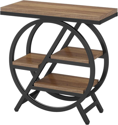 Tribesigns End Table Set of 2, 3-Tier Narrow Sofa Side Table with Storage for Living Room, Wood End Table with Geometric Metal Frame, Industrial Nightstand and Bedside Table for Bedroom, Light Brown