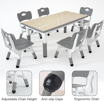 Kids Table and 6 Chairs Set，Height Adjustable Children Table & Chair，Toddlers Study Multi-Activity Table with 47.2"x23.6" Wipe-Clean Desktop，for Classrooms, Homes & Daycares