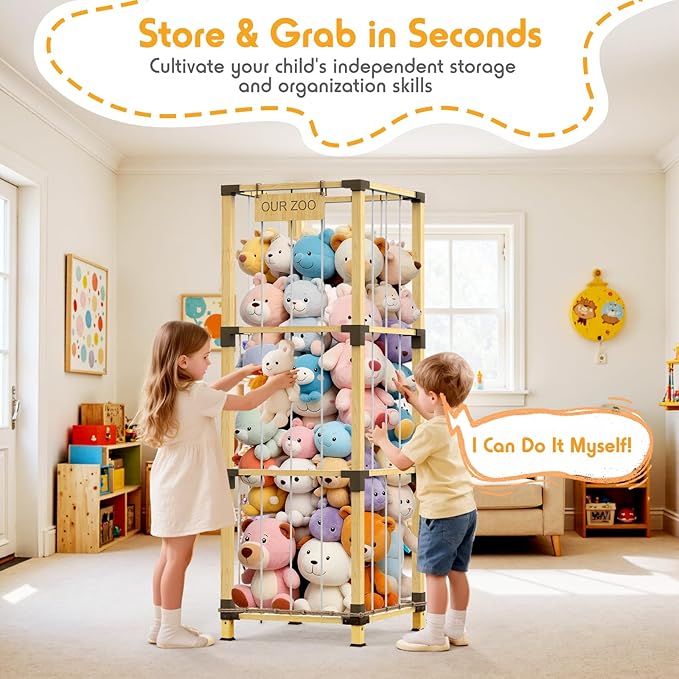 200L Stuffed Animal Zoo Storage, 3-Tier Extra Large Stuffed Animal Holder, Solid Bamboo Plushies Storage Tower with Mesh Pocket and Elastic Cords, Space Saver for Nursery Playroom Bedroom