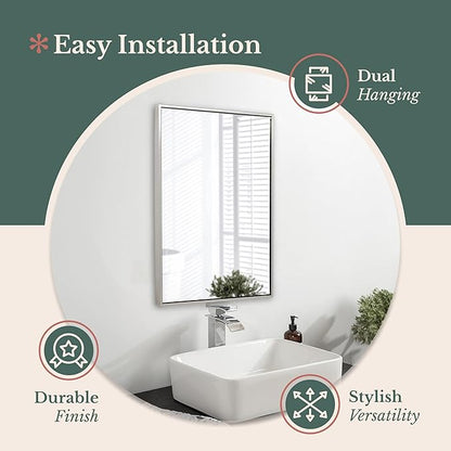 Hamilton Hills 24x36 inch Polished Silver Metal Framed Wall Mounted Mirror - Large Rectangular Wall Mirrors for Bathroom - 1/2 inch Floating Frame Vanity Nickel Glass - Hangs Horizontal or Vertical