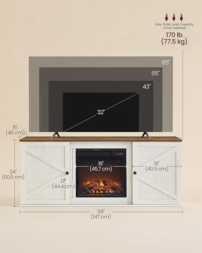 VASAGLE Fireplace TV Stand for TVs up to 65 Inches, 18-Inch ELectric Fireplace with Remote, Farmhouse Entertainment Center, Media Console Table for Living Room, Rustic White and Honey Brown ULTV540W01
