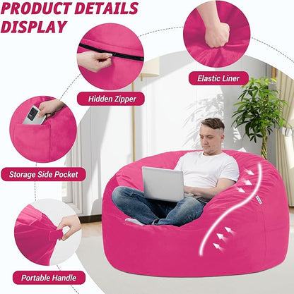 3FT Bean Bag Chair with Ultra Soft Velvet Cover Bean Bag Sofa with Memory Foam Bean Bag Chairs with Large Size Lazy Sofa for Dorm Office Living Room Bedroom Hot Pink 3'