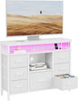 7 Drawer Dresser TV Stand with Power Outlets and LED Lights, Entertainment Center with Open Shelf, Media Console for 50“ TV, Dresser for Bedroom (White)
