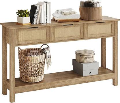 Luoxiao Rattan Console Table Boho Entryway Table with 3 Drawers Storage, Narrow Long Behind Couch Sofa Table for Living Room Side Table Entry Way Table Entrance Hallway Foyer, Natural, 47 Inch