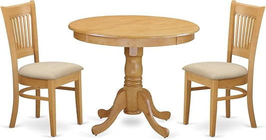 East West Furniture ANVA3-OAK-C 3 Piece Kitchen Table Set for Small Spaces Contains a Round Dining Room Table with Pedestal and 2 Linen Fabric Upholstered Chairs, 36x36 Inch, Oak