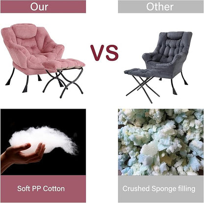 LITA Lazy Chair with Ottoman, Modern Accent Leisure Upholstered Sofa Chair, Lounge Reading Chair with Armrests and a Side Pocket for Living Room, Bedroom & Small Space, Plush Dark Pink