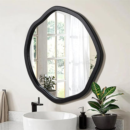 ULIKE Round Wood Mirror, 30 Inch Black Asymmetrical Circle Vanity Mirror with Wood Frame, Modern Decorative Wall Mount for Bathroom Bedroom Living Room Entryway
