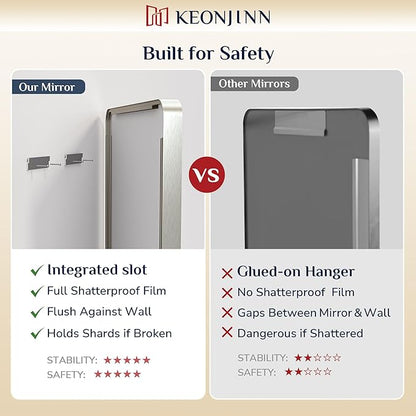 Keonjinn Brushed Nickel Mirror 24 x 32 Inch Silver Bathroom Mirror for Over Sink, Rounded Rectangle Farmhouse Vanity Mirror, HD Tempered Glass Wall Mirror, Aluminum Alloy Frame (Horizontal/Vertical)