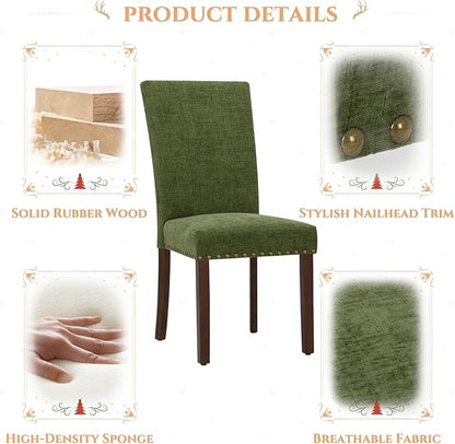 Parsons Dining Chairs Set of 2, Upholstered Nailhead Dining Room Kitchen Side Chair with Thick Cushions and Wood Legs, Green