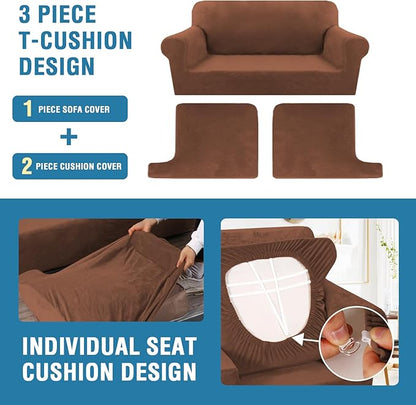 H.VERSAILTEX Sofa Cover 3 Piece T Cushion Loveseat Slipcovers Thick Velvet Couch Cover Stretch T Cushion Sofa Covers for 2 Cushion Couch with 2 Individual T Cushion Covers Washable, Caramel