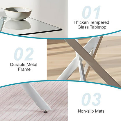 Dining Table for 4 Modern 35.43" Rectangular Glass Dining Table Kitchen & Dining Room Tables with Metal Base for Dining Room and Apartment, Matte White