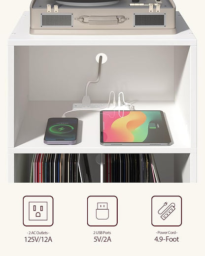 Record Player Stand, 3-Tier Side End Table with Charging Station, Turntable Stand Up to 160 Albums, Vinyl Storage Cabinet Dispaly Shelf for Living Room, Classic White