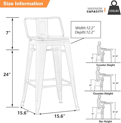 Yongchuang Industrial Metal Barstools Set of 4 Counter Height Bar Stools with Back (24" Seat Height Wooden Top Low Back, Distressed White)