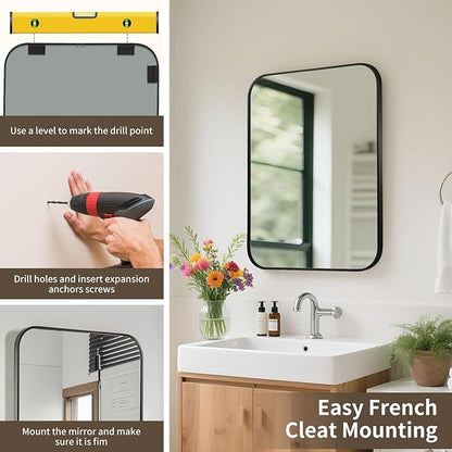 Black Bathroom Mirror, 24x36 Inch Aluminum Frame Rectangle Mirror, Anti-Rust, Tempered Glass, Wall Mirror for Over Sink, Vanity, Bedroom, Entryway, Horizontal/Vertical