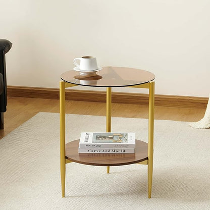 Round End Table, Mid-Century Modern Design, D20*H23 inch, for Living Room, 2-Tier Structure, Amber Glass Top and Walnut MDF Shelf, Sleek Conical Metal Legs with Gold Finish
