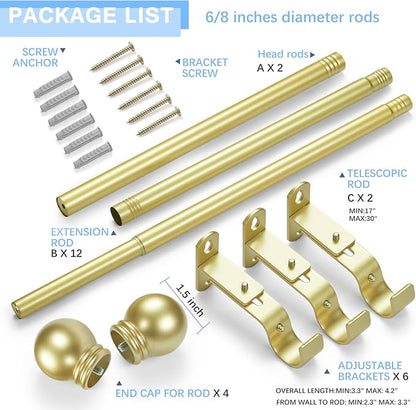Curtain Rods for Windows 16 to 120 Inches, Curtain Rod Max Adjustable Length of 132 IN, 6/8" Diameter Drapery Rods Round Finials, Warm Gold, Pack of 2