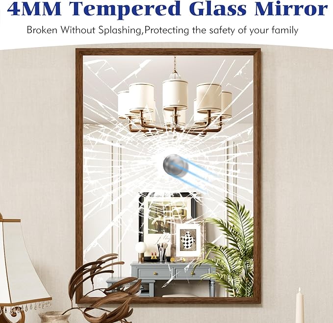 Bathroom Vanity Mirror 36x36 Inch, Walnut Rectangle Bathroom Mirror, Anti-Rust, 4MM Tempered Glass, Wall-Mounted Mirror, Hangs Horizontally or Vertically for Bathroom & Bedroom