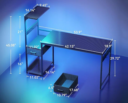 Casaottima 54 Inch Gaming Desk with Storage & LED Lights, Reversible Computer Desk with Display Shelves & Fabric Drawer, Modern Gamer Desk Table with Side Headphone Hook, Carbon Fiber Black