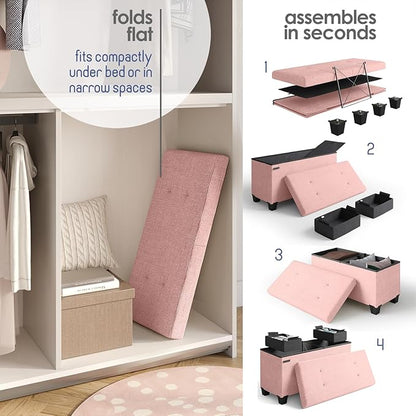 STORAGEBUD Storage Ottoman Bench with Bins, 30-in Storage Bench for Bedroom End of Bed, Folding Foot Rest Ottoman for Living Room Max 660lbs, Fabric Ottomans, Pink