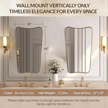 Brushed Gold Bathroom Mirror, 24x40 Inch Gold Irregular Bathroom Vanity Mirror, Gold Asymmetric Mirror with Stainless Steel Frame, Metal Framed Wall Mounted Accent Mirror Vertical Only