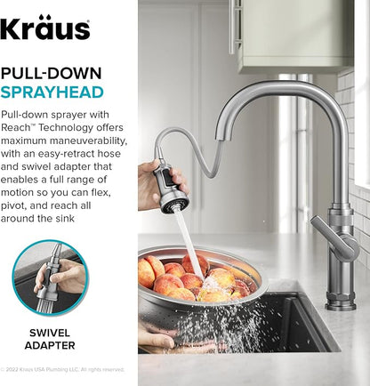 KRAUS Allyn Industrial Pull-Down Single Handle Kitchen Faucet in Spot-Free Black Stainless Steel, KPF-4102SFSB