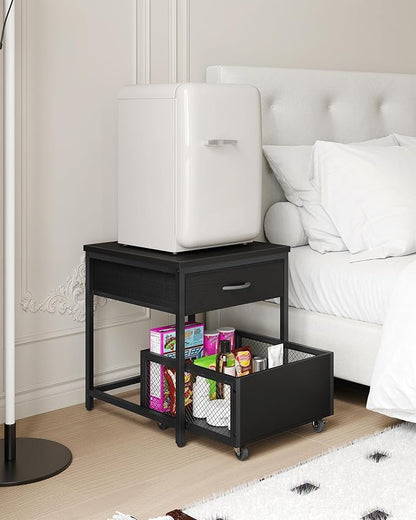 End Table, 19.7 Inch Square Side Table, Mini Fridge Stand with Storage, Nightstand with Mobile Basket Cart, for Living Room, Bedroom, Black TBZ55BB