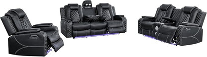 Ball & Cast Power Recliner Sofa Set Leather Reclining Sofa Set Living Room Furniture Set 3PCS Recliner Couch Loveseat and Chair Sets with LED,USB Charging,Cup Holders,Storage Console for Home Theater