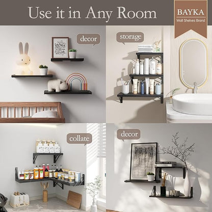 BAYKA Wall Shelves for Bedroom Decor, Floating Wall Shelves for Living Room Kitchen Storage, Wall Mounted Rustic Wood Floating Shelves for Kids Books, Corner Shelves for Bathroom, Office(Set of 3)