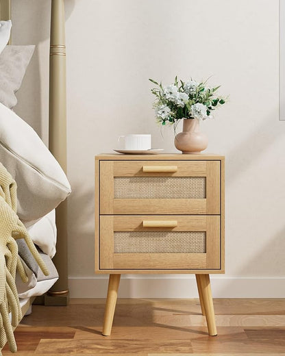 Masupu Rattan Night Stand,Modern nightstand Boho Bedside Table with 2 Drawer,Small End Side Table for Bedroom,Living Room,Office,Natural