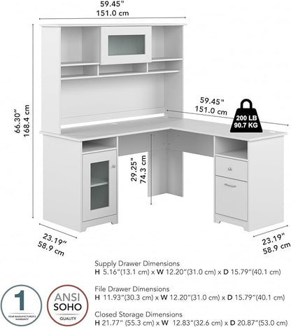 Bush Furniture Cabot L Shaped Desk with Hutch | Corner Desk with Storage for Home Office in White | 60W L Shaped Computer Desk