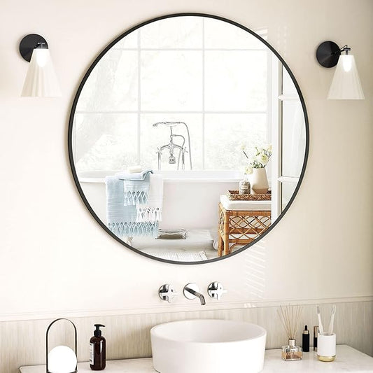 Round Mirror 23.6" Black Wall Mounted Circle Mirrors Vanity Mirror with Aluminum Alloy Frame Modern Decoration for Bathroom, Living Room, Vanity, Bedroom, Entryway