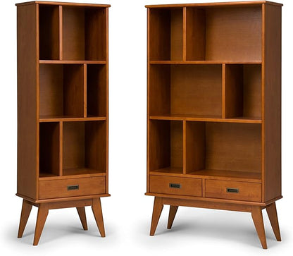 SIMPLIHOME Draper Bookcase - 64 inch Tall Solid Hardwood Wide Storage Bookshelf in Teak Brown, Mid-Century Modern Storage for Living Room, Study Room or Office with Adjustable Shelves and Tapered Legs