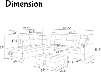 Modern Living Room Furniture Sets with Pillows, Modular Sectional Couches with Chaise Lounge, 4-Seaters L Shape Sofa with Storage Ottoman, for Living Room, Light Grey