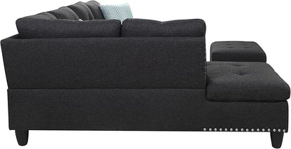 Ball & Cast 98" L Shaped Sectional Couch for Living Room with Chaise & Storage Ottoman,4 Seat Linen Upholstered Modular Sectional Sofa Set 3 PCS W/Cup Holders & Coffee Table,for Home,Office,Charcoal