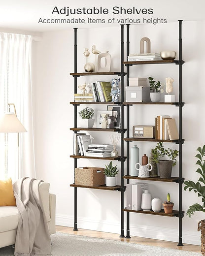 ALLZONE 5 Tiers Narrow Bookshelf, Tall Adjustable Ladder Book Shelf with Open Storage, Floor to Ceiling Tension Mount, Wooden Industrial Bookcase for Living Room, 92 to 116 Inch, Brown