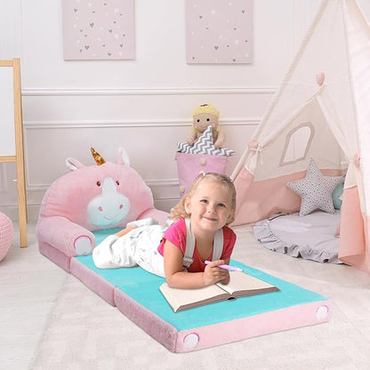 Foldable Kids Couch Toddler Backrest Armchair 2 In 1 Flip Open Sofa Bed for Chidren, Cartoon Comfy Soft Kids Chair, Steady Lightweight Toddlers Sofa Bed for Bedroom Livingroom Playroom Unicorn