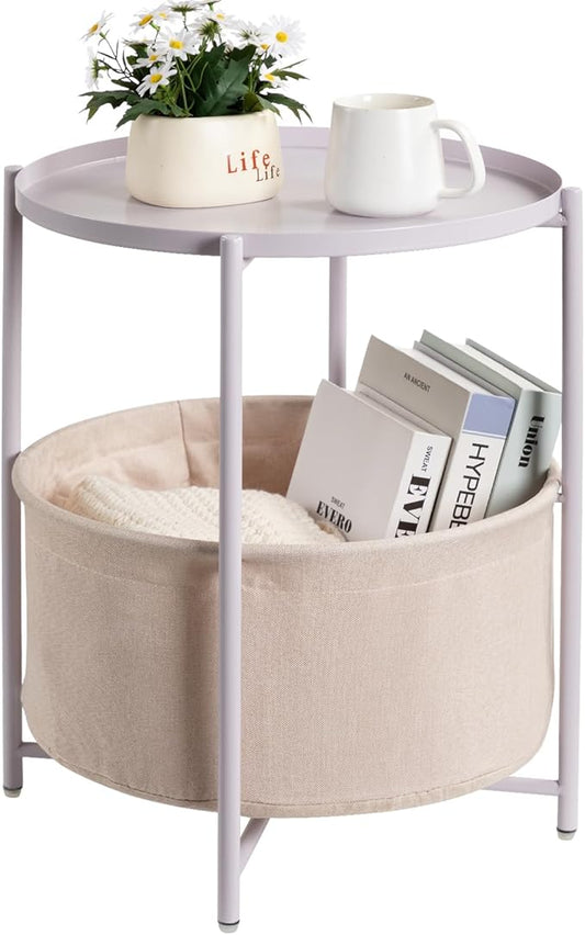 danpinera Round Side Table with Fabric Storage Basket, Metal Side Table Small Bedside Nightstand with Removable Tray Top for Living Room, Bedroom, Nursery, Laundry, Light Violet