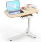 Rolling Desk Adjustable Height with Drawer and Wheels, Portable Small Standing Desk Pneumatic for Home Office, Mobile Computer Laptop Desk Cart, Medical Sofa Overbed Table, Oak