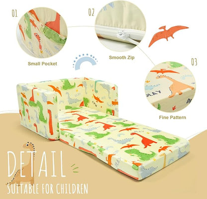 Dinosaur Kids Sofa Bed,Diary Kids Couch- Convertible 2-in-1 Lounger with Detachable Washable Cover, Foldable Toddler Chair, Flannel-Covered Toddler Armchair for Bedroom, Playroom, Naps & Travel