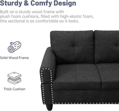 L Shaped Modular Sectional Sofa with Reversible Chaise Lounge, 5-Seater Corner Couch, Linen Upholstery Convertible Sofá w/Movable Ottoman, Cup Holders, 2 Pillows and Rivet Ornament for Living Room